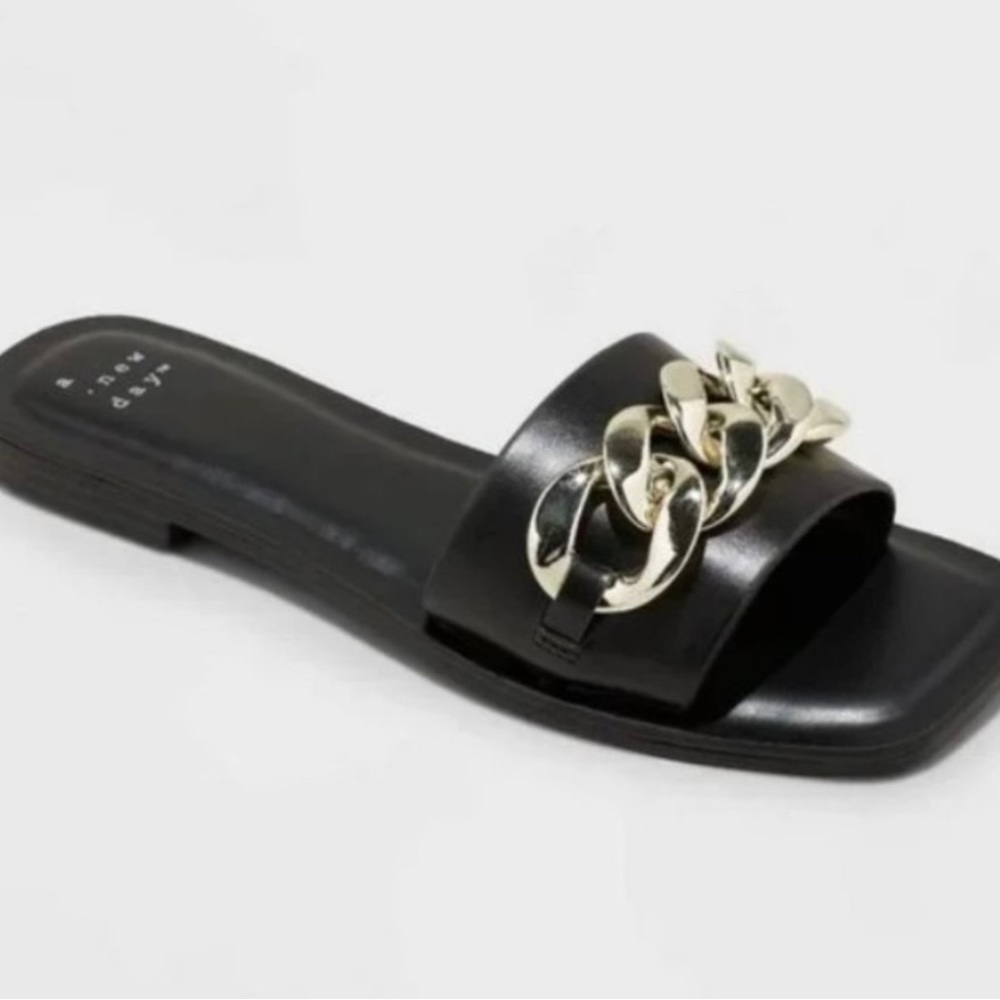 A New Day Black Sandals with Gold Chain